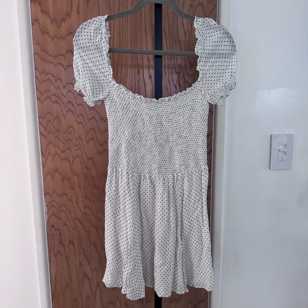 Reformation White Smocked Mini Dress with Black Polka Dots girl size large